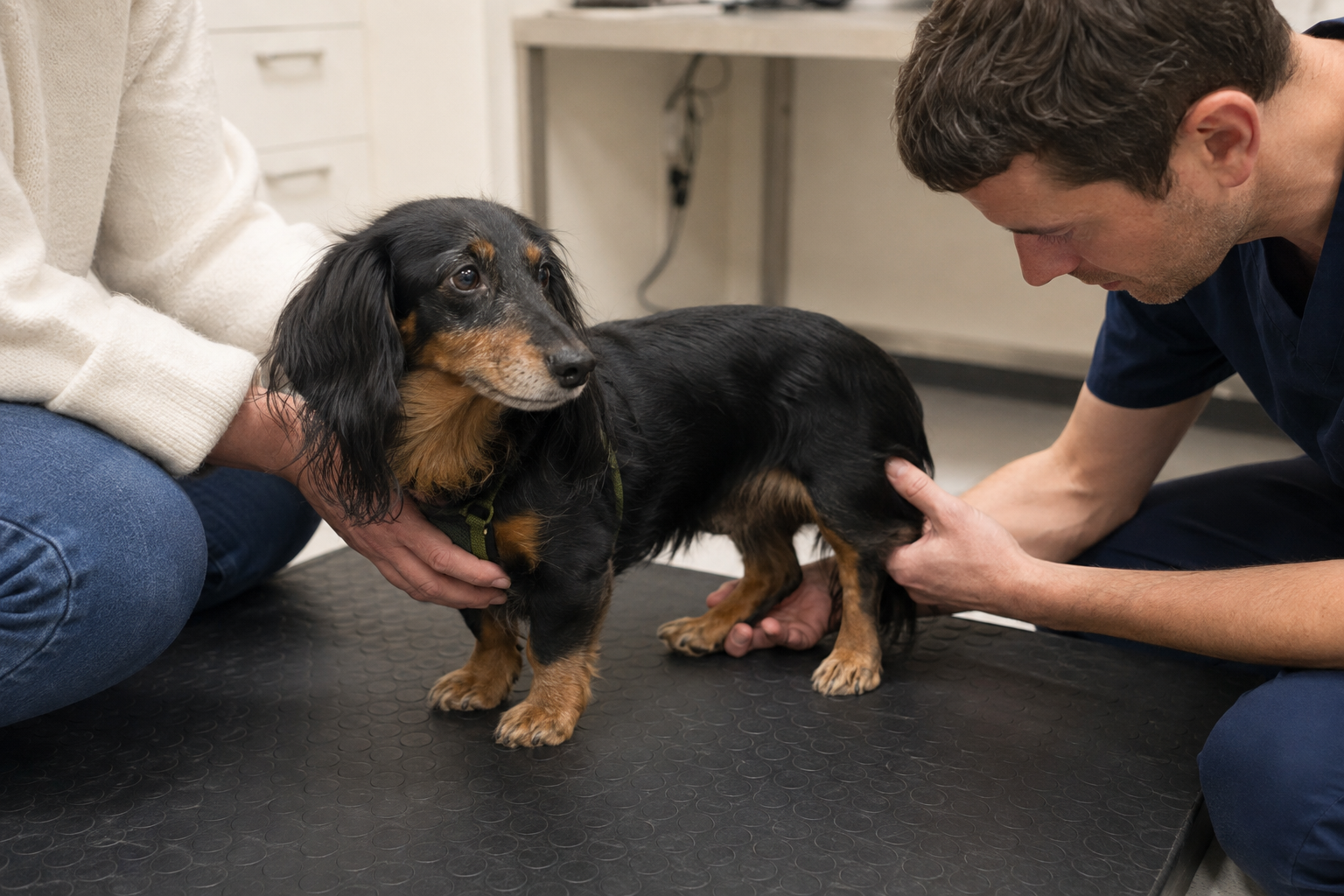 Veterinář provádí neurologické vyšetření jezevčíka před operací páteře